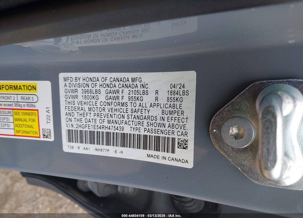 2024 HONDA CIVIC SI SEDAN VIN: 2HGFE1E54RH475439