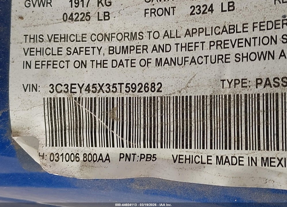2005 CHRYSLER PT CRUISER VIN: 3C3EY45X35T592682
