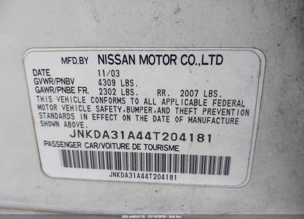 2004 INFINITI I35 LUXURY VIN: JNKDA31A44T204181