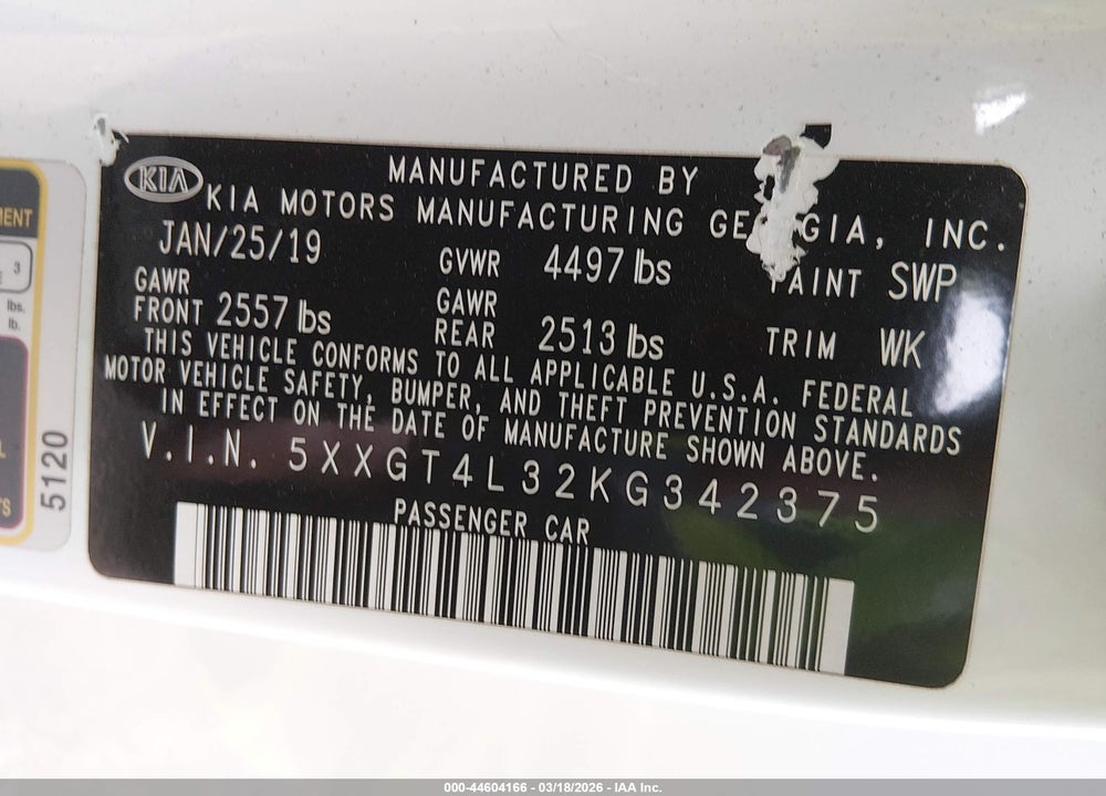 2019 KIA OPTIMA LX VIN: 5XXGT4L32KG342375
