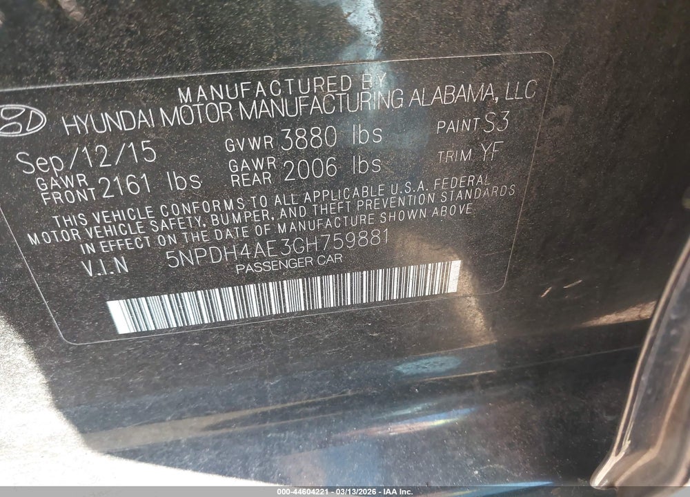 2016 HYUNDAI ELANTRA SE VIN: 5NPDH4AE3GH759881