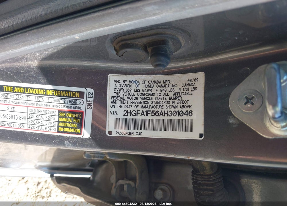 2010 HONDA CIVIC LX VIN: 2HGFA1F56AH301046