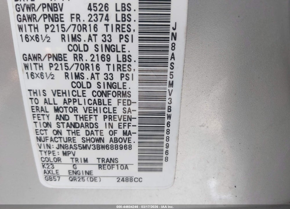 2011 NISSAN ROGUE S VIN: JN8AS5MV3BW688968