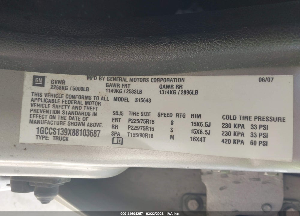 2008 CHEVROLET COLORADO LT VIN: 1GCCS139X88103687