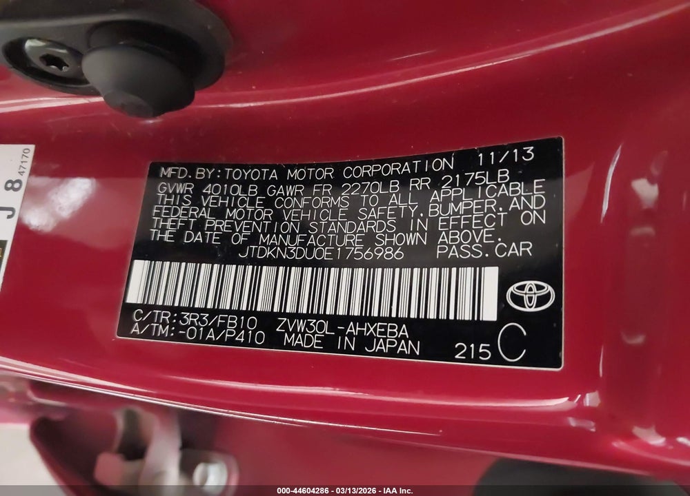 2014 TOYOTA PRIUS TWO VIN: JTDKN3DU0E1756986