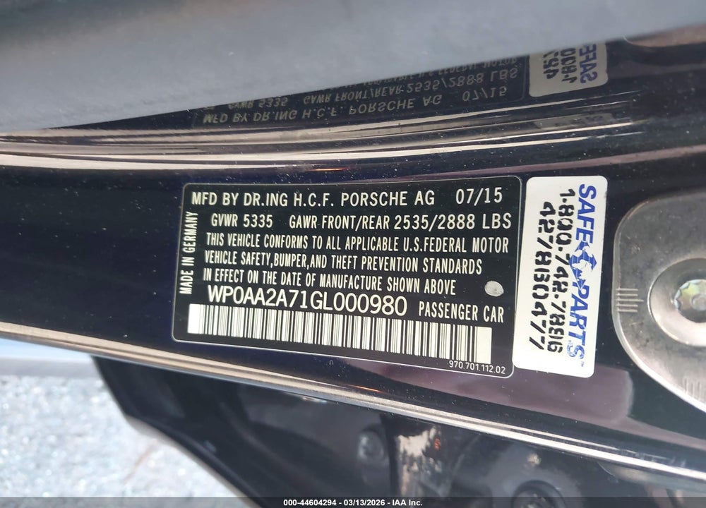 2016 PORSCHE PANAMERA 4 VIN: WP0AA2A71GL000980