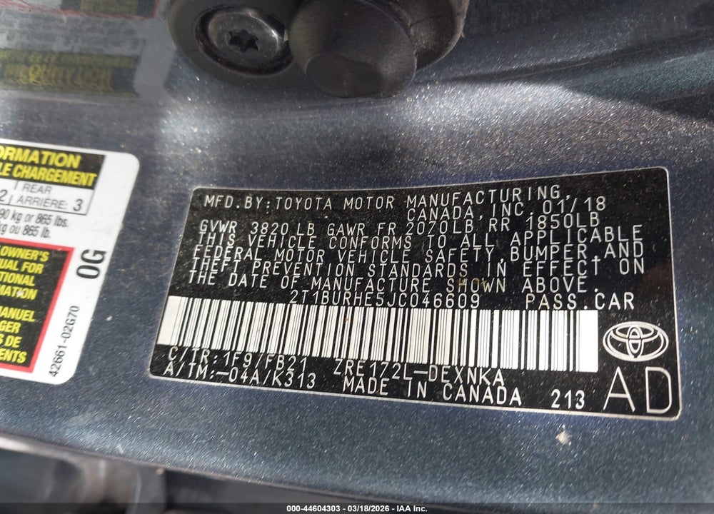 2018 TOYOTA COROLLA LE VIN: 2T1BURHE5JC046609