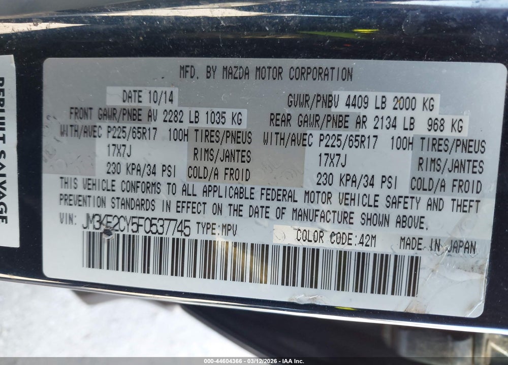 2015 MAZDA CX-5 TOURING VIN: JM3KE2CY5F0537745
