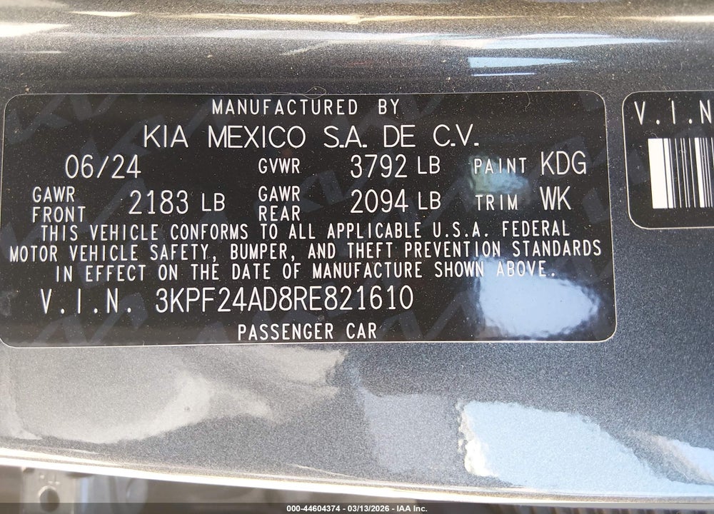 2024 KIA FORTE LX VIN: 3KPF24AD8RE821610