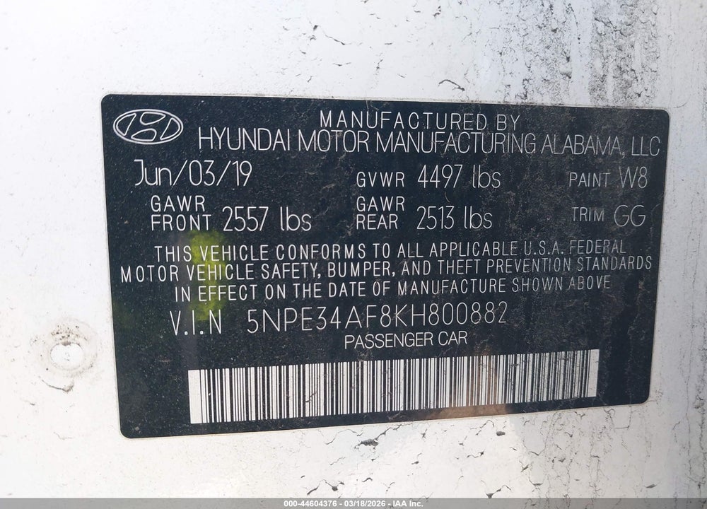 2019 HYUNDAI SONATA SEL VIN: 5NPE34AF8KH800882