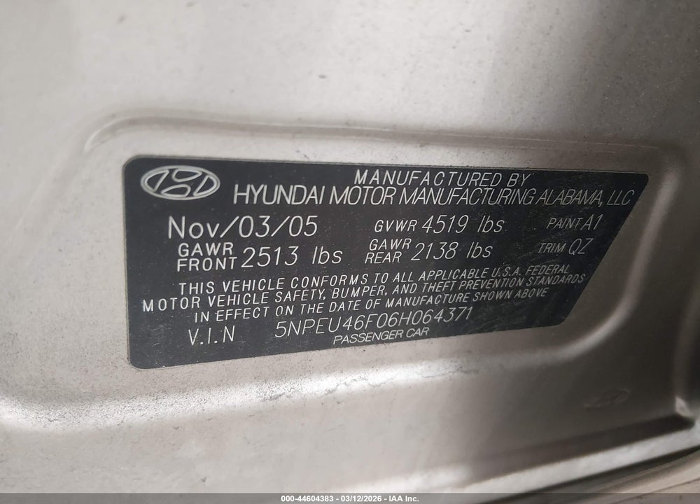 2006 HYUNDAI SONATA GLS V6/LX V6 VIN: 5NPEU46F06H064371