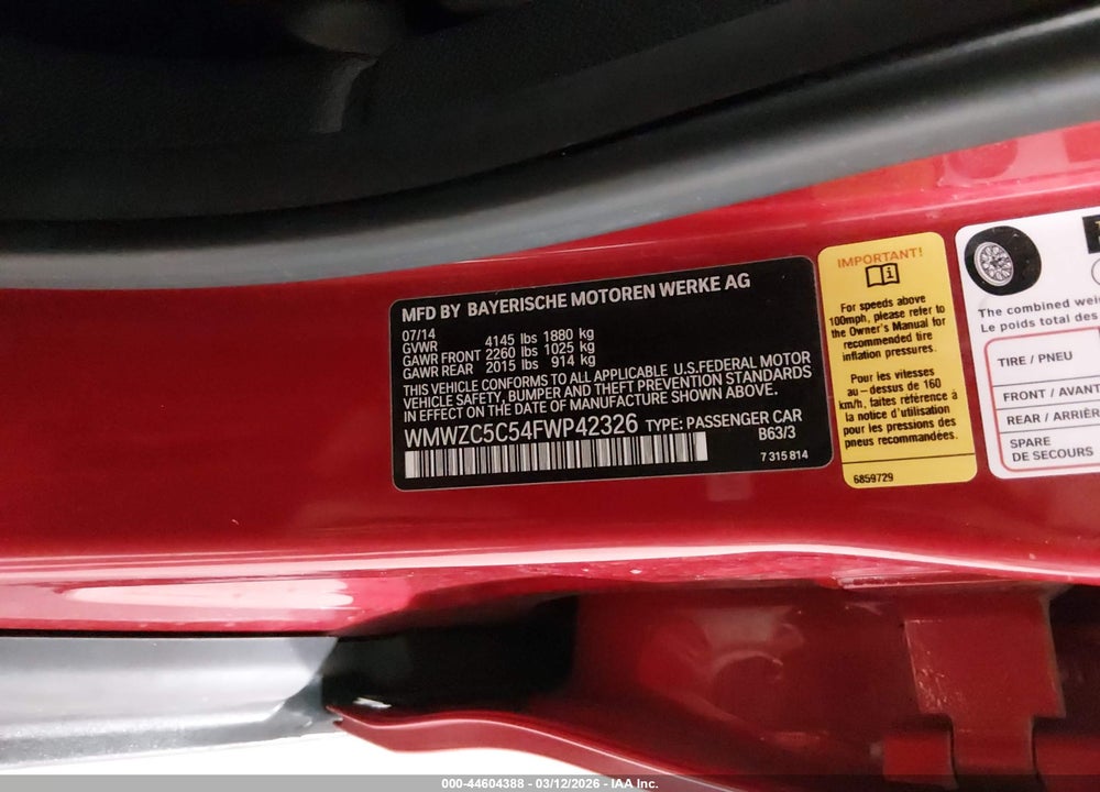 2015 MINI COUNTRYMAN COOPER S VIN: WMWZC5C54FWP42326