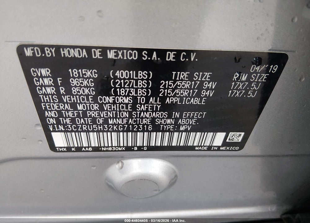 2019 HONDA HR-V LX VIN: 3CZRU5H32KG712316