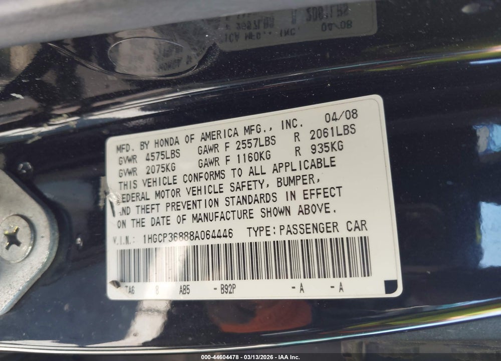 2008 HONDA ACCORD 3.5 EX-L VIN: 1HGCP36888A064446
