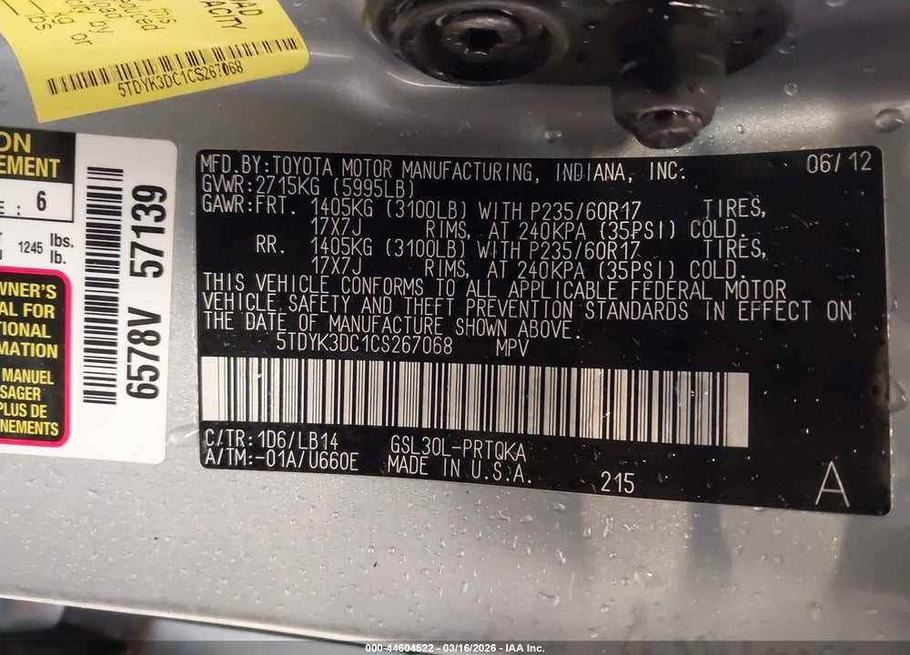 2012 TOYOTA SIENNA XLE V6 8 PASSENGER VIN: 5TDYK3DC1CS267068