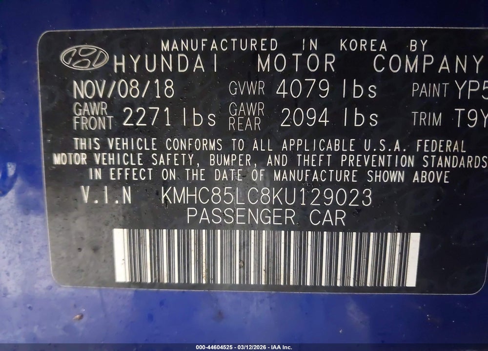 2019 HYUNDAI IONIQ HYBRID LIMITED VIN: KMHC85LC8KU129023