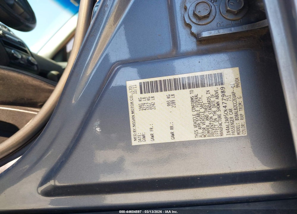 2012 NISSAN ALTIMA 2.5 S VIN: 1N4AL2AP5CN477989