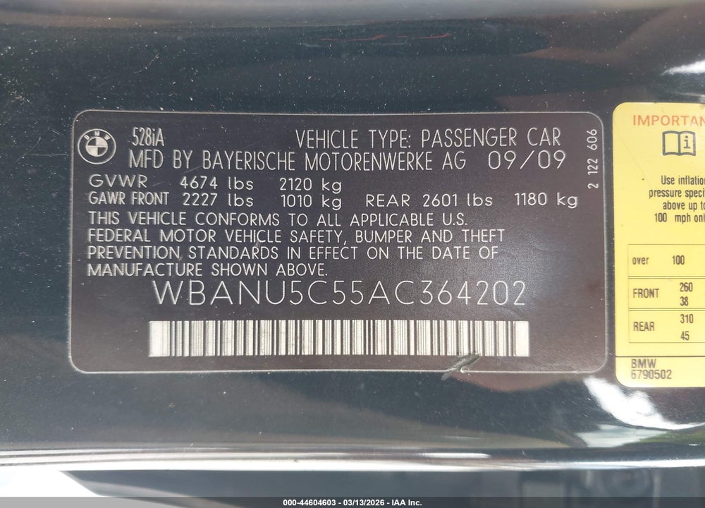 2010 BMW 528I VIN: WBANU5C55AC364202