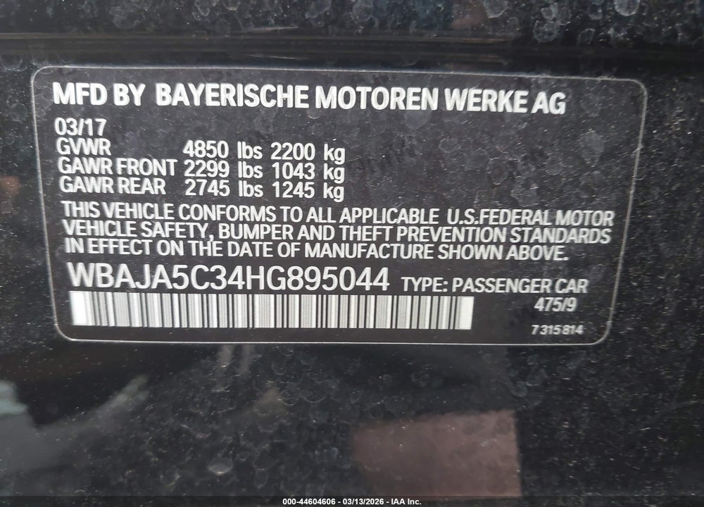 2017 BMW 530I VIN: WBAJA5C34HG895044
