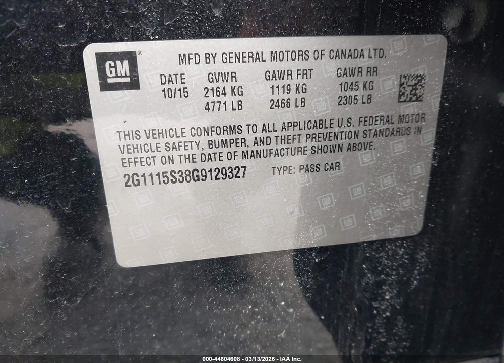 2016 CHEVROLET IMPALA 2LT VIN: 2G1115S38G9129327