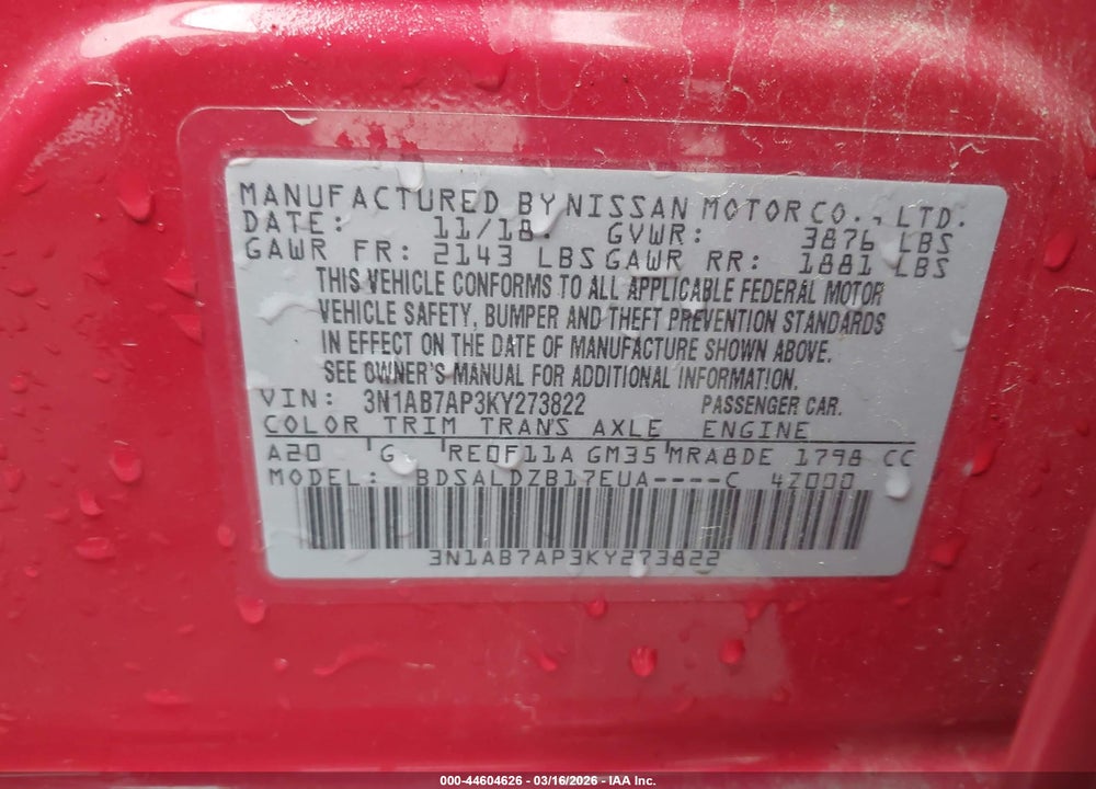 2019 NISSAN SENTRA VIN: 3N1AB7AP3KY273822