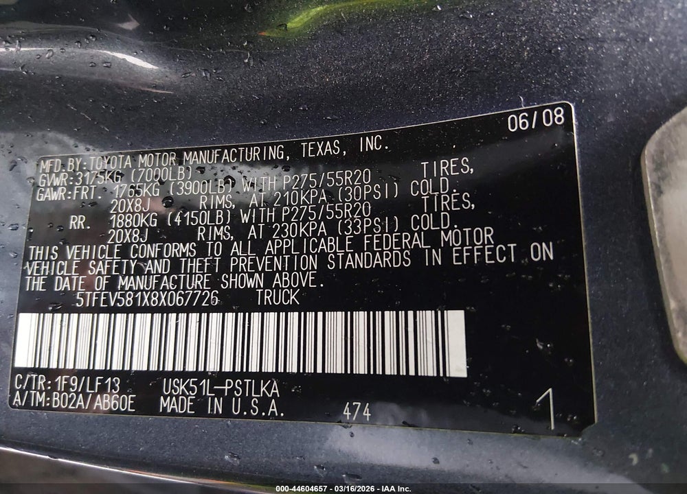 2008 TOYOTA TUNDRA LIMITED 5.7L V8 VIN: 5TFEV581X8X067726