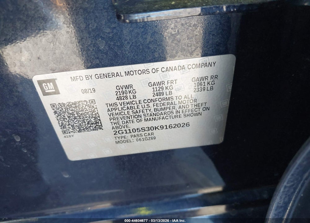 2019 CHEVROLET IMPALA PREMIER VIN: 2G1105S30K9162026