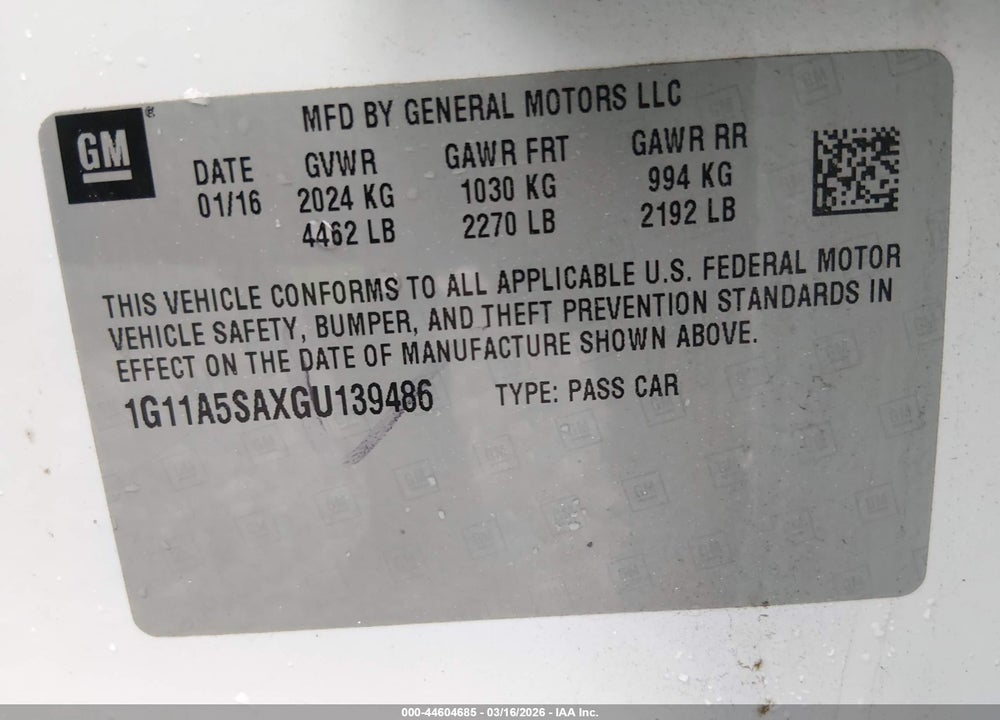 2016 CHEVROLET MALIBU LIMITED 1FL VIN: 1G11A5SAXGU139486