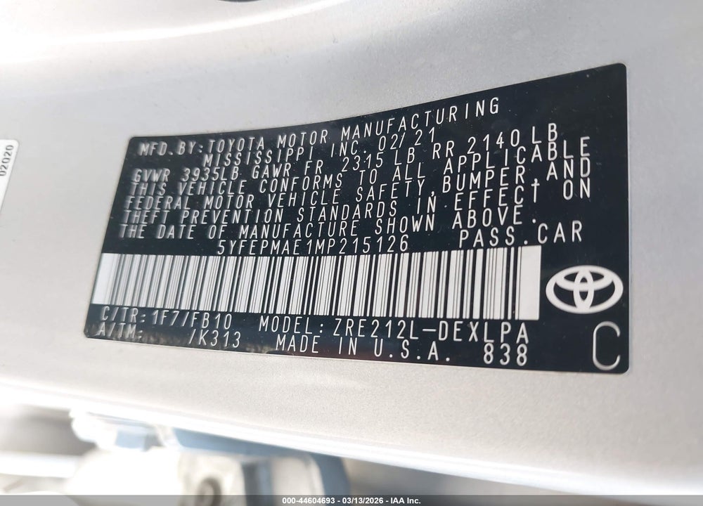 2021 TOYOTA COROLLA LE VIN: 5YFEPMAE1MP215126