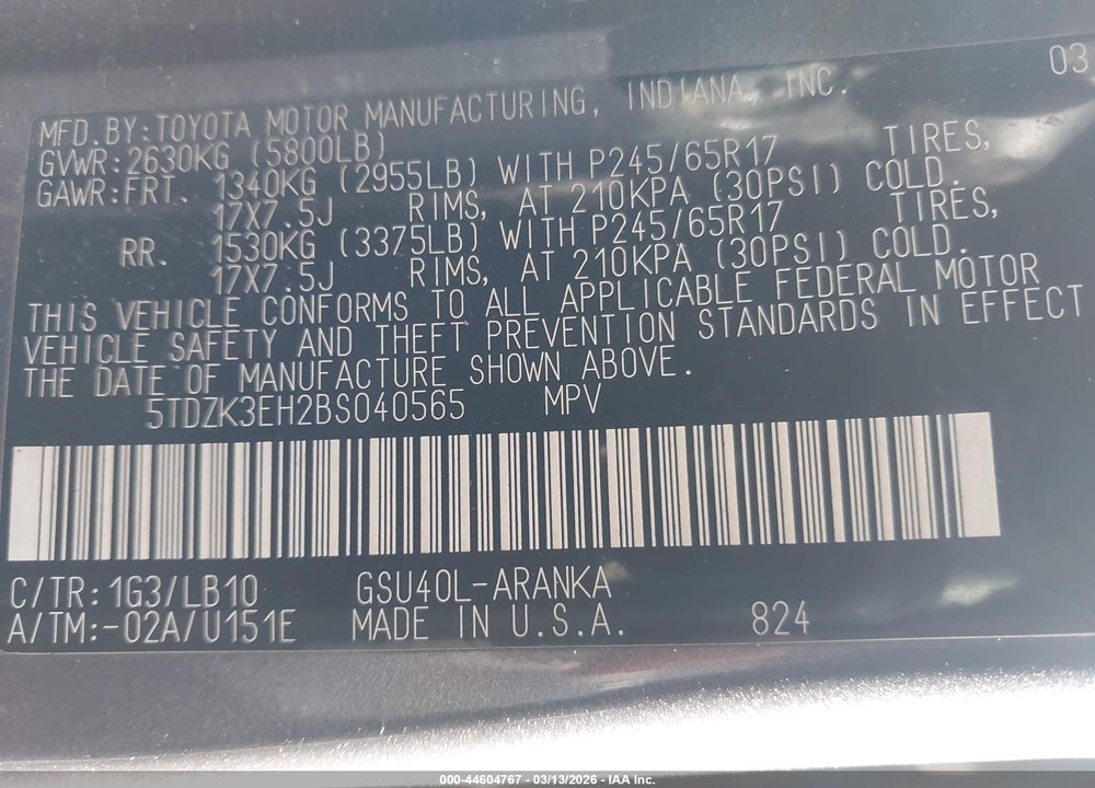 2011 TOYOTA HIGHLANDER SE V6 VIN: 5TDZK3EH2BS040565