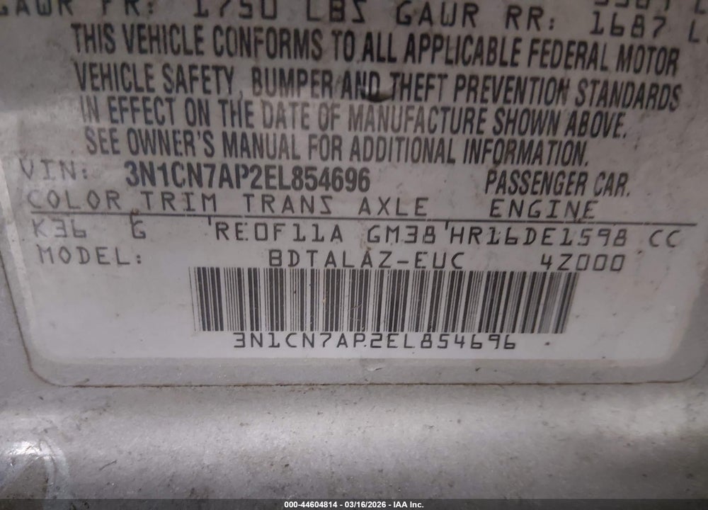 2014 NISSAN VERSA 1.6 S+ VIN: 3N1CN7AP2EL854696