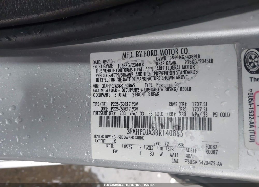 2011 FORD FUSION SEL VIN: 3FAHP0JA3BR140865