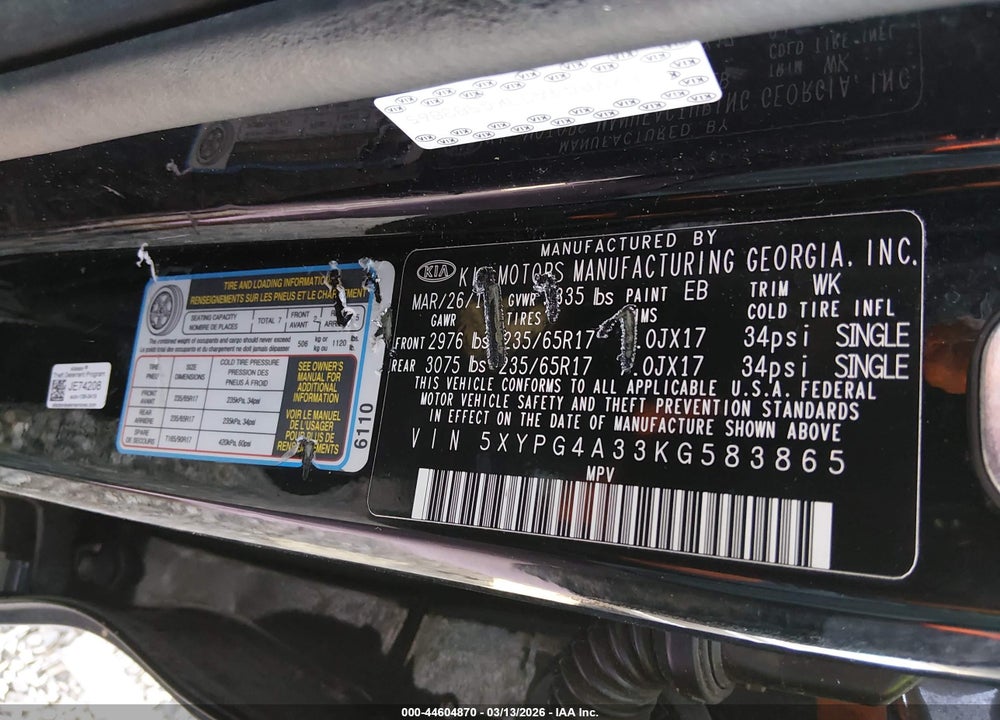 2019 KIA SORENTO 2.4L L VIN: 5XYPG4A33KG583865