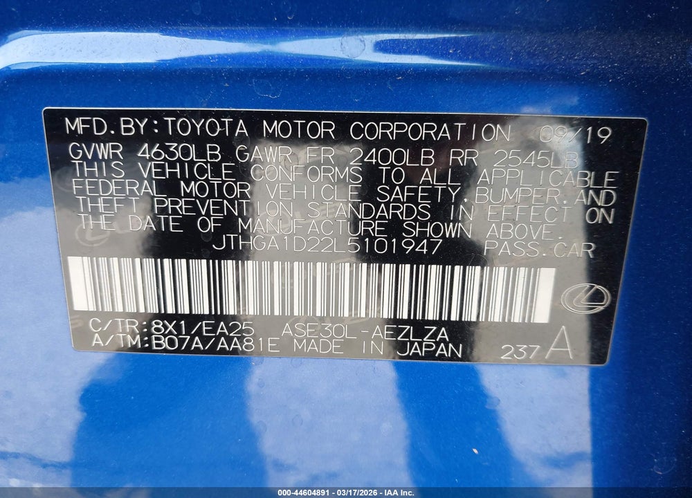 2020 LEXUS IS 300 VIN: JTHGA1D22L5101947