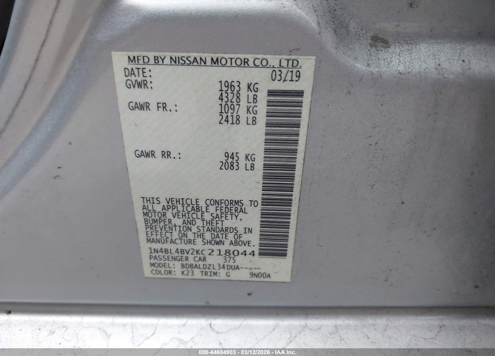 2019 NISSAN ALTIMA 2.5 S VIN: 1N4BL4BV2KC218044