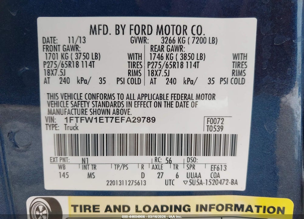 2014 FORD F-150 XLT VIN: 1FTFW1ET7EFA29789