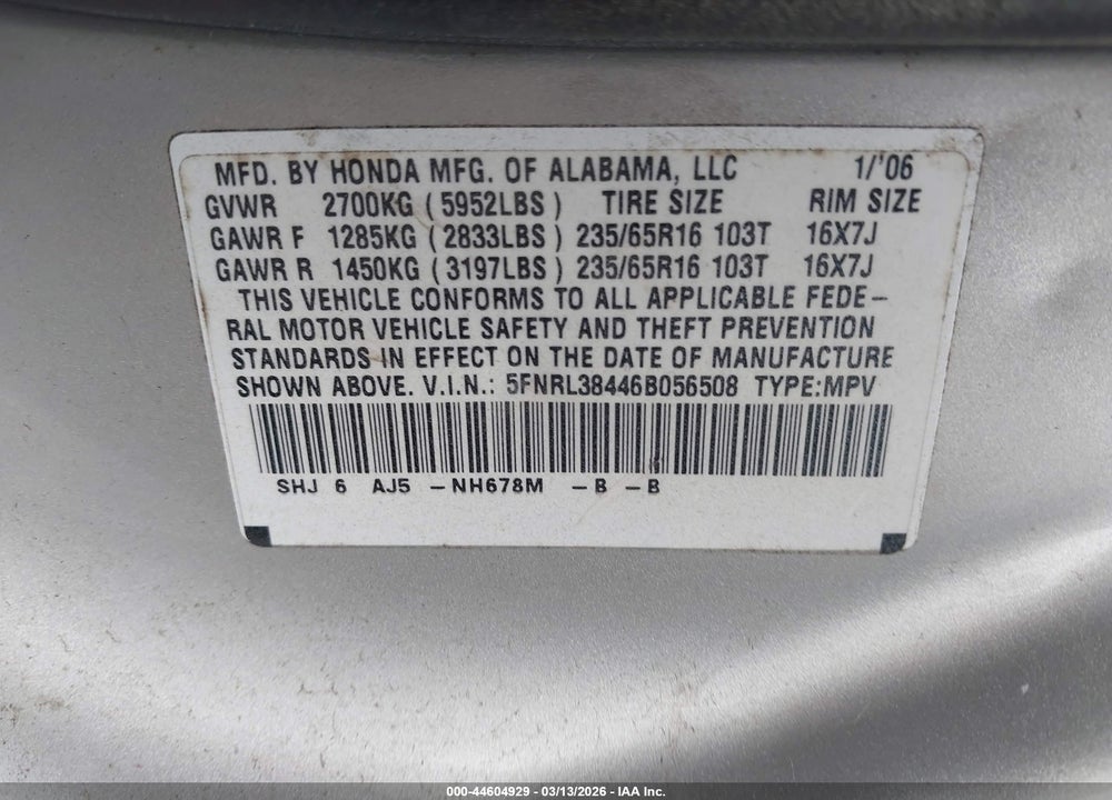 2006 HONDA ODYSSEY EX VIN: 5FNRL38446B056508