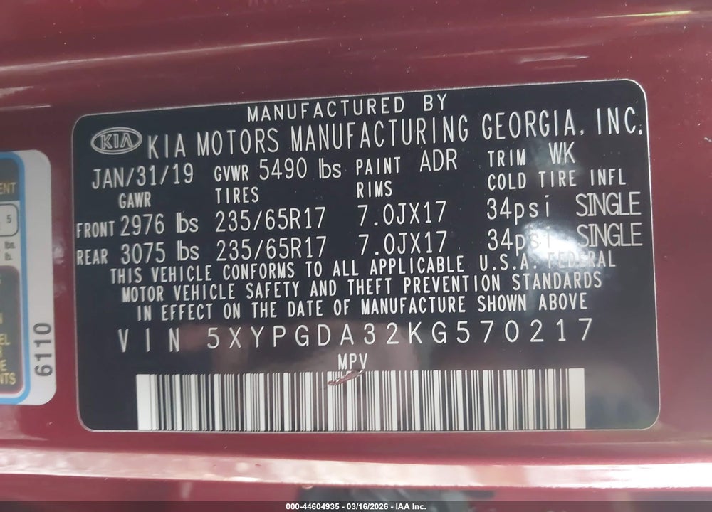 2019 KIA SORENTO 2.4L LX VIN: 5XYPGDA32KG570217