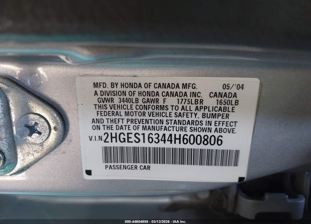 2004 HONDA CIVIC VP VIN: 2HGES16344H600806