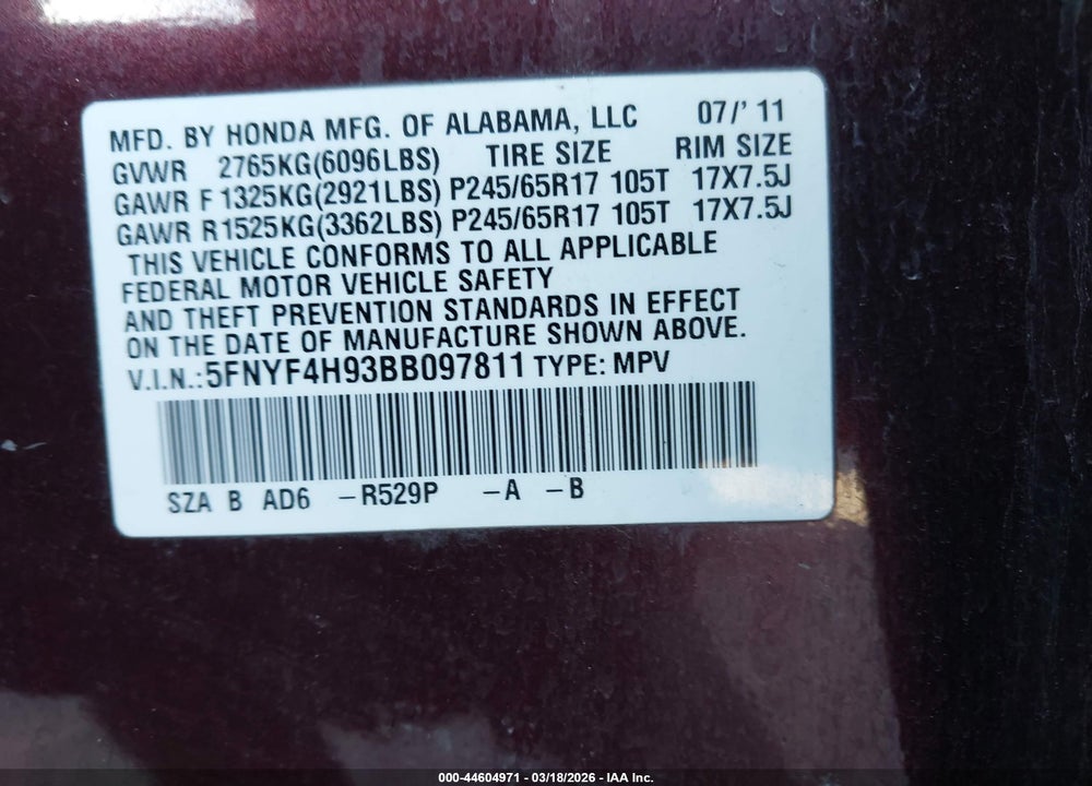 2011 HONDA PILOT TOURING VIN: 5FNYF4H93BB097811
