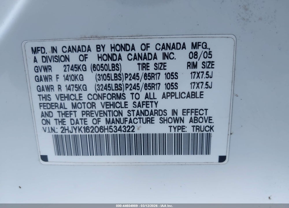 2006 HONDA RIDGELINE RT VIN: 2HJYK16206H534322