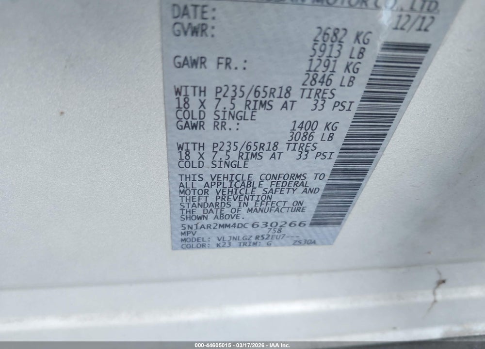 2013 NISSAN PATHFINDER SL VIN: 5N1AR2MM4DC630266
