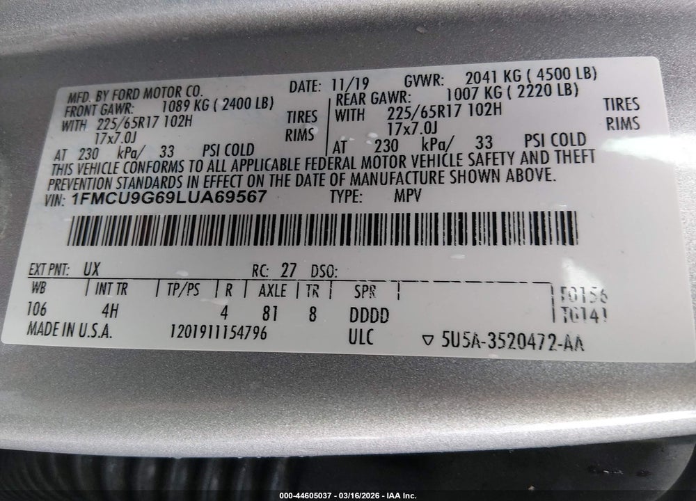 2020 FORD ESCAPE SE VIN: 1FMCU9G69LUA69567