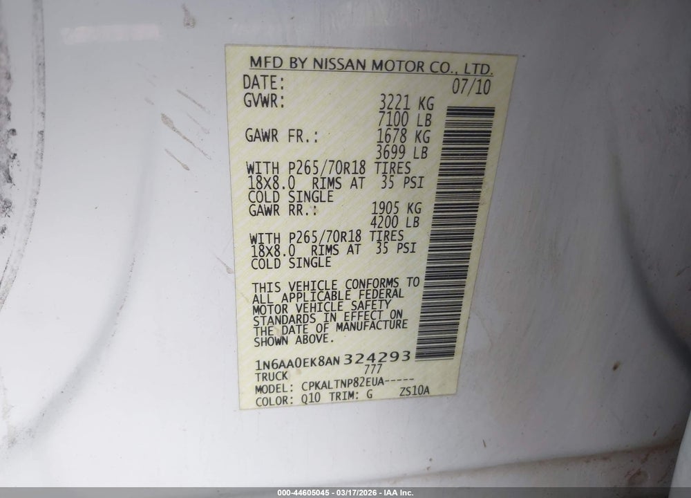 2010 NISSAN TITAN SE VIN: 1N6AA0EK8AN324293