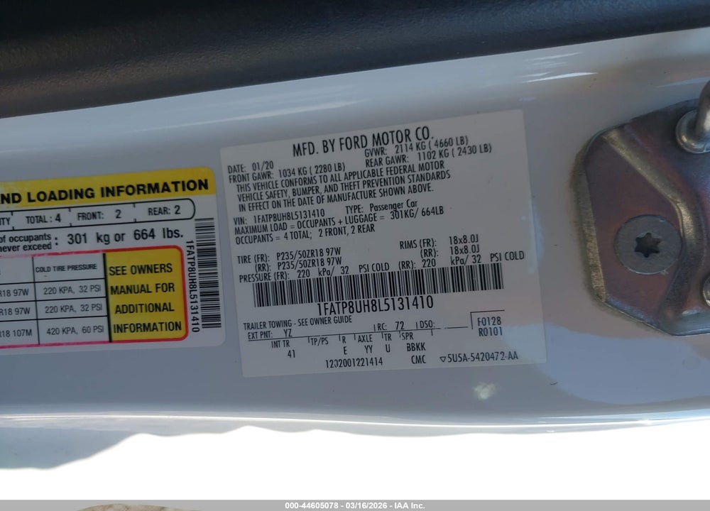 2020 FORD MUSTANG ECOBOOST PREMIUM VIN: 1FATP8UH8L5131410