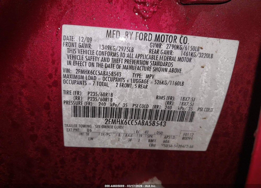 2010 FORD FLEX SEL VIN: 2FMHK6CC5ABA58543