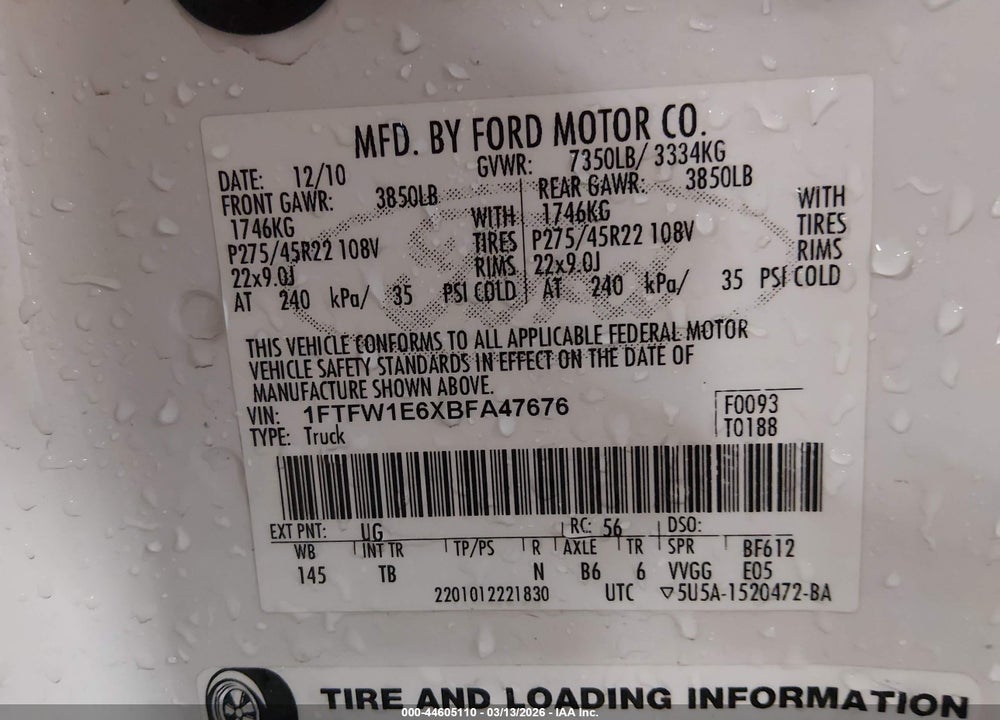 2011 FORD F-150 LARIAT LIMITED VIN: 1FTFW1E6XBFA47676