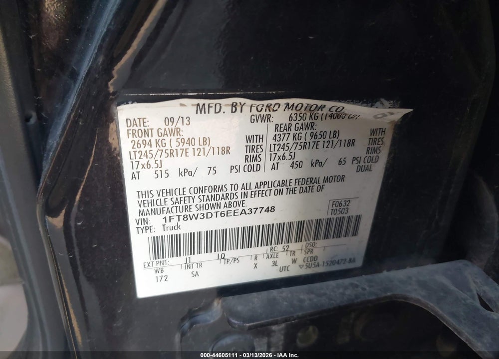 2014 FORD SUPER DUTY F-350 DRW VIN: 1FT8W3DT6EEA37748
