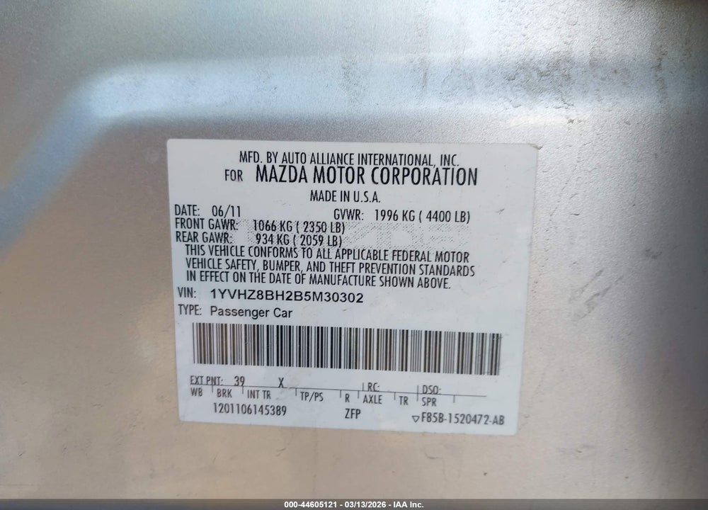 2011 MAZDA 6 I SPORT VIN: 1YVHZ8BH2B5M30302