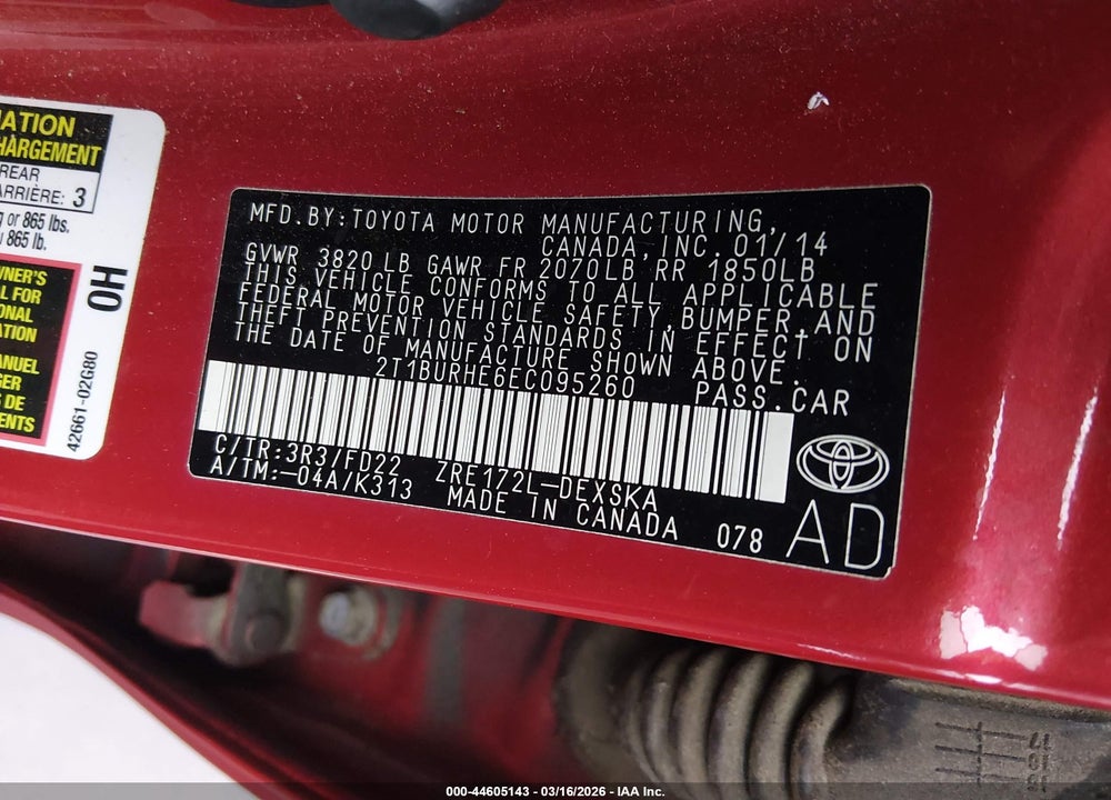 2014 TOYOTA COROLLA S PLUS VIN: 2T1BURHE6EC095260